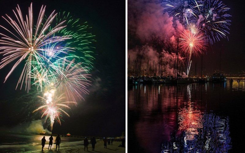 Two views of fireworks, green and pink bursts over a beach with people at the shoreline, and red bursts over a marina