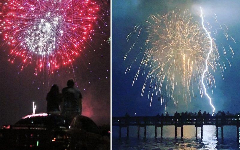 Two views: red and white fireworks over two spectators on a car, and a gold burst with lightning over a pier