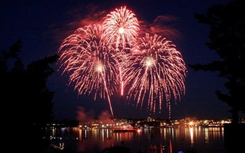 Pink and white fireworks reflected in the water, with a lit shoreline and dark trees in silhouette