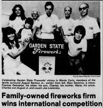 Newspaper clipping, 1982: Santore family members around August Santore Jr. celebrating the Monte Carlo win