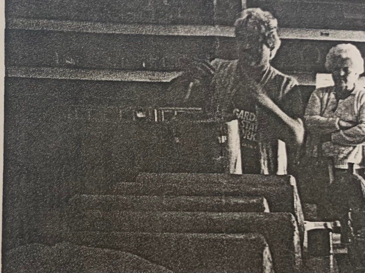 Grainy 1982 newspaper print of Nunzio Santore and his mother Marie Santore in the workshop